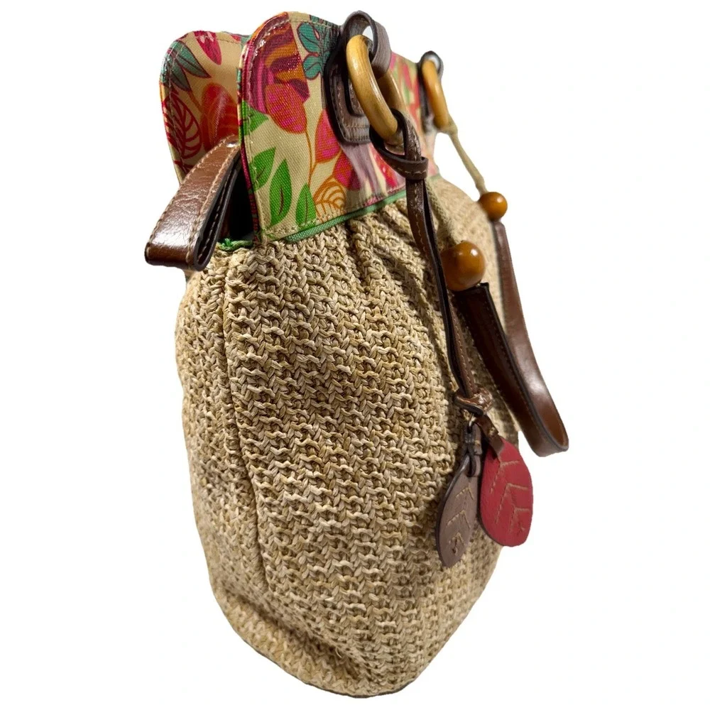 Merona Tropical Floral Straw Shoulder‎ Bag Brown Handles Leaf Charms 13x16 EUC